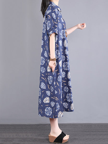 女性の夏のカジュアルなリーフプリントルーズコットンカーディガンドレス