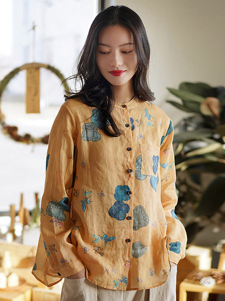 女性の春の中国風プリントラミーシャツ