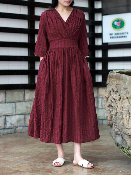 女性の夏のヴィンテージストライプ V ネックドレープルーズドレス