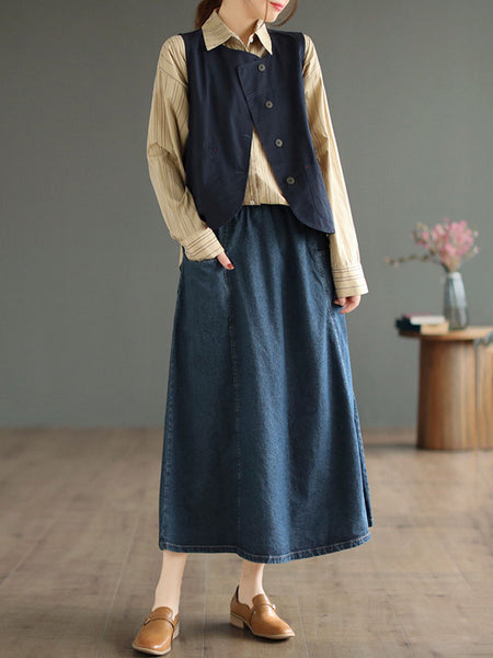 女性のアーティスティックなソリッドスプライスポケットルーズデニムスカート