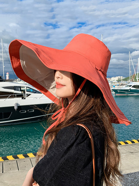 女性カジュアルソリッドつばの大きい旅行日焼け防止帽子