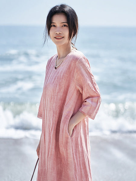 女性カジュアルソリッド V ネックルーズリネンドレス