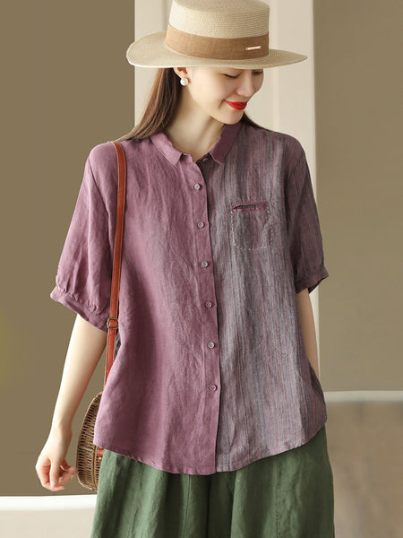 女性夏のレトロなボタンポケットスプライシング T シャツ