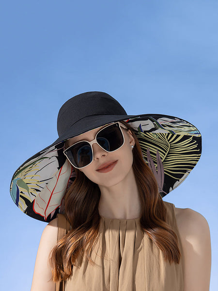 女性の夏の旅行両面植物大きなつばの帽子