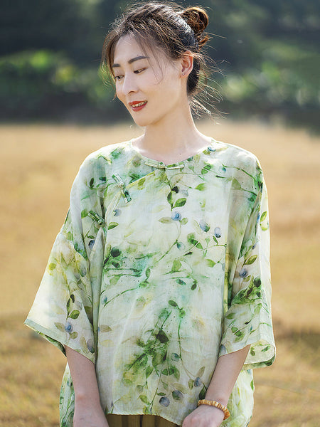 女性夏のプレーリーシックなリーフボタンルーズシャツ
