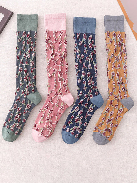 4 足のコットン ヴィンテージ花柄レディース ロング ソックス