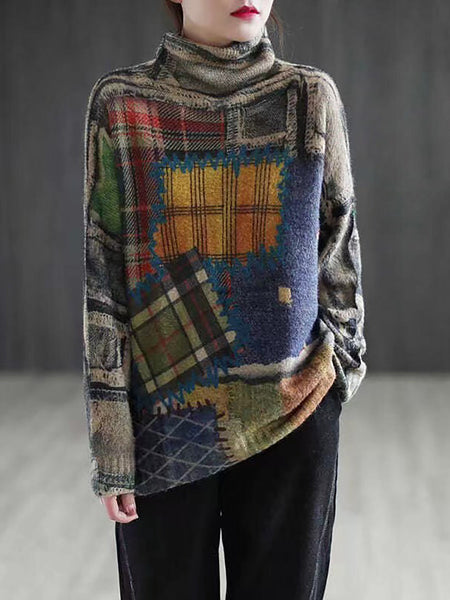 ルーズヴィンテージエスニックプリントプルオーバー女性セーター