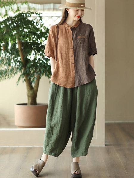 女性夏のレトロなボタンポケットスプライシング T シャツ