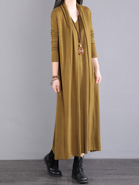 女性長袖ルーズ V ネックフェイクツーピースドレス