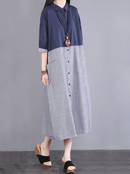 女性の夏のストライプスプライスボタンポケットルーズドレス