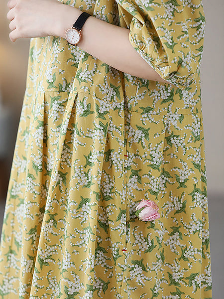 女性夏花芸術的プリーツルーズドレス