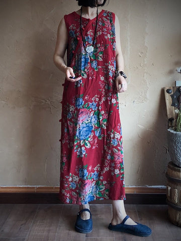 女性エスニックフラワースラントクロージャスプリットヘムベストドレス