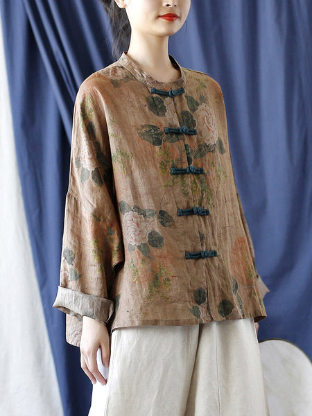 女性ナショナルスタイルフラワーボタンルーズラミーシャツ