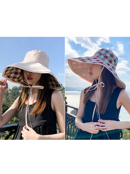 女性ファッションチェック柄巾着旅行日焼け防止帽子