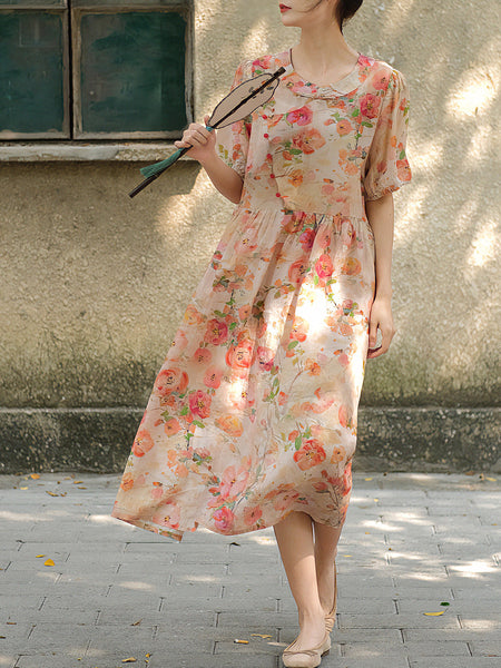 女性中国ヴィンテージ夏花ボタンルーズドレス
