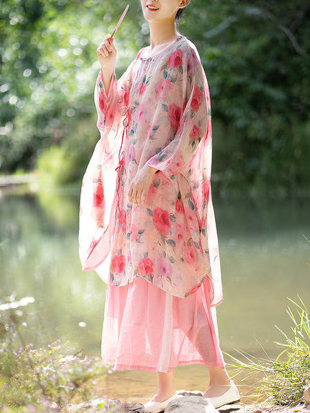 女性夏芸術家気フラワー巾着ボタンロングシャツ