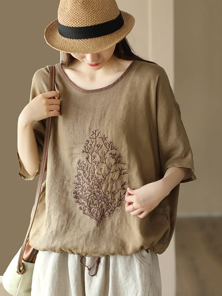 女性夏のヴィンテージツリー刺繍リネンシャツ