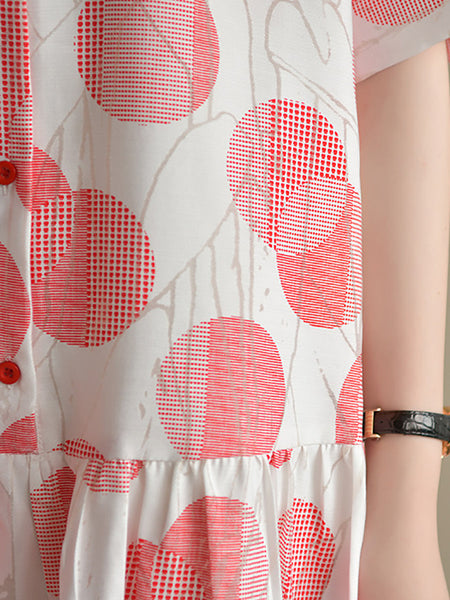 女性スウィートピンクドットプリーツルーズボタンシャツドレス