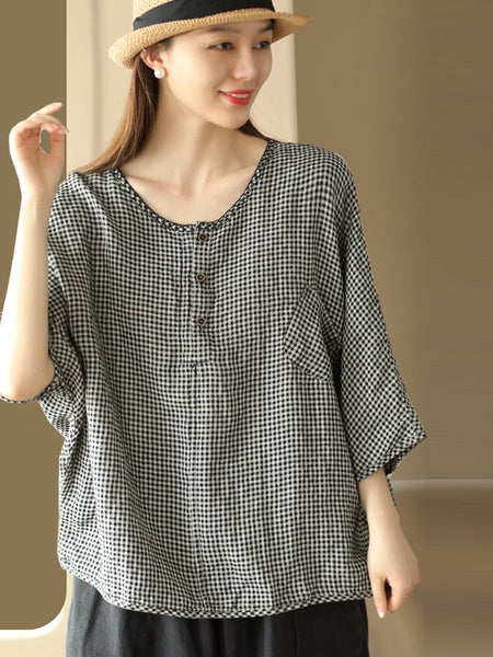 女性の夏のストライプのヴィンテージボタンステッチリネンシャツ