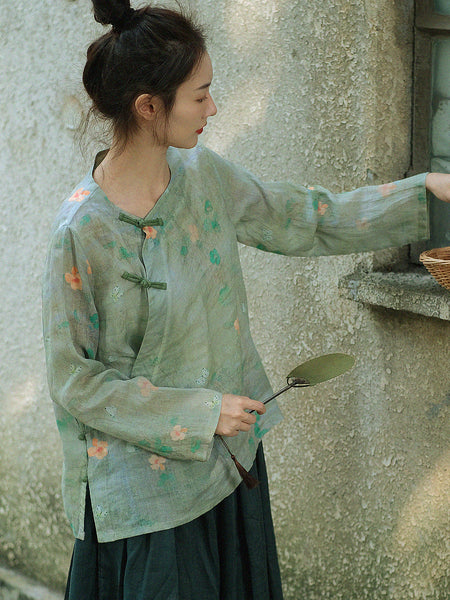 女性中国風カエルフラワープリントルーズシャツ