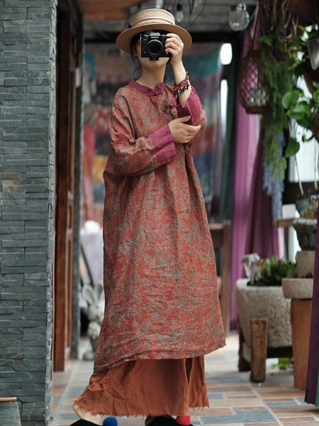 女性中国風プリントカエルスプライスロングドレス