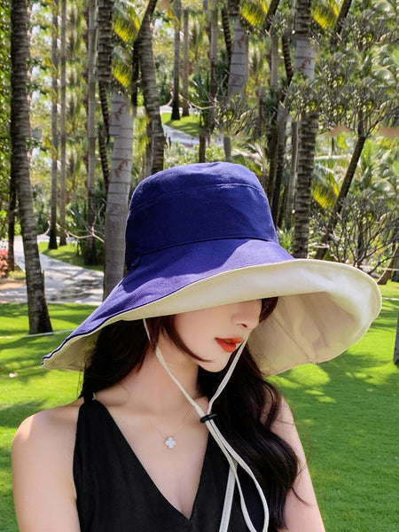 女性ファッション固体大きなつば巾着日焼け防止帽子