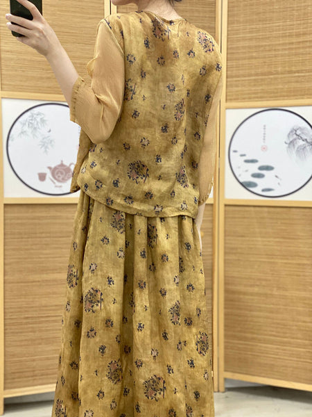 女性ヴィンテージ花柄巾着ボタンスプライスシャツ+スカート