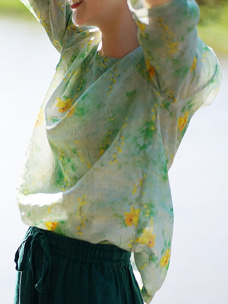 女性夏プレーリーシックフラワー薄いOネックラミーシャツ
