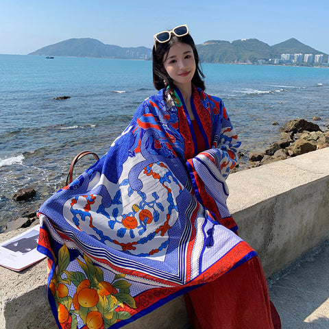 女性エスニック旅行ブルーフラワータッセルショールスカーフ