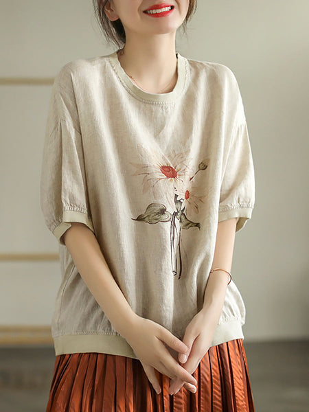 プラスサイズの女性リネンカジュアルサマーフラワー半袖Tシャツ
