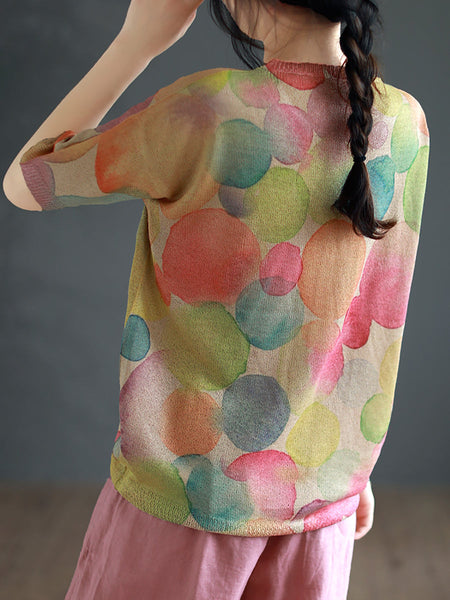 女性の芸術的な夏のフラワープリントルーズOネックシャツ