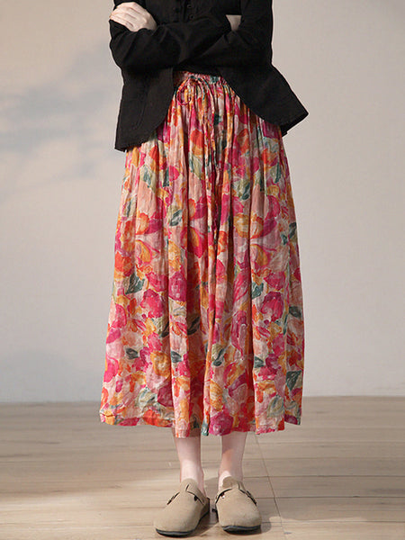 プラスサイズの女性の夏の芸術的なフラワー巾着ラミースカート