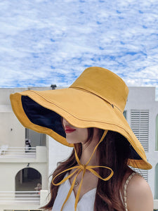 女性カジュアルカラーブロック巾着旅行日焼け防止帽子