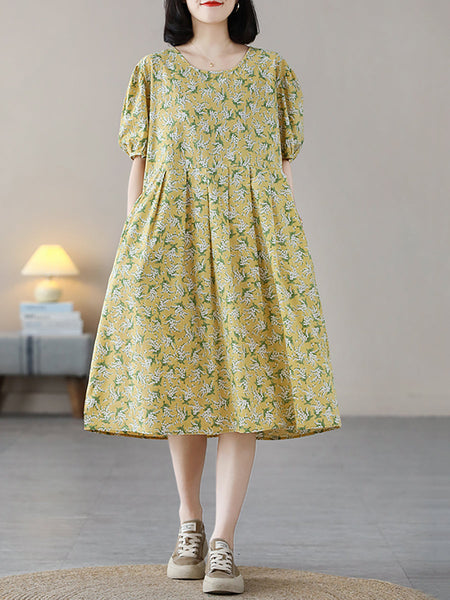 女性夏花芸術的プリーツルーズドレス