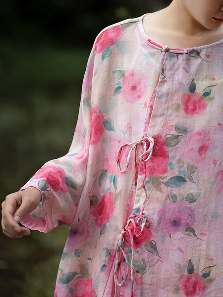女性夏芸術家気フラワー巾着ボタンロングシャツ