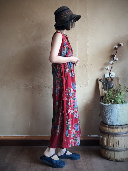 女性エスニックフラワースラントクロージャスプリットヘムベストドレス