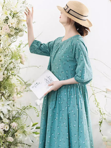 女性夏の芸術的な花柄プリーツポケットルーズコットンドレス