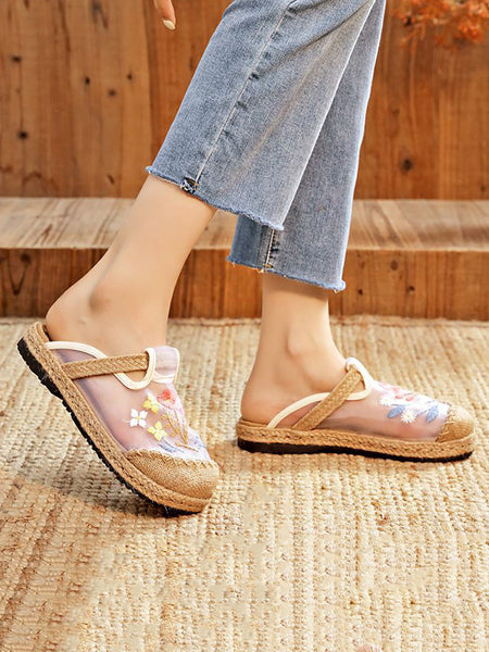 女性エスニック夏わら花刺繍靴