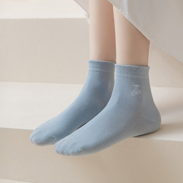 5 足の女性ソリッドフルーツ刺繍ソックス