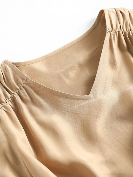 女性の夏の固体カジュアル巾着プリーツルーズドレス