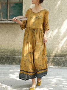 女性中国風フラワースプライスルーズラミードレス