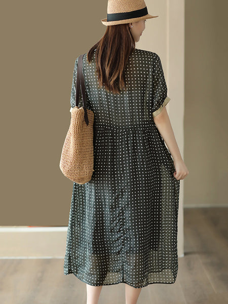 女性の夏のドット芸術的な巾着ルーズリネンドレス