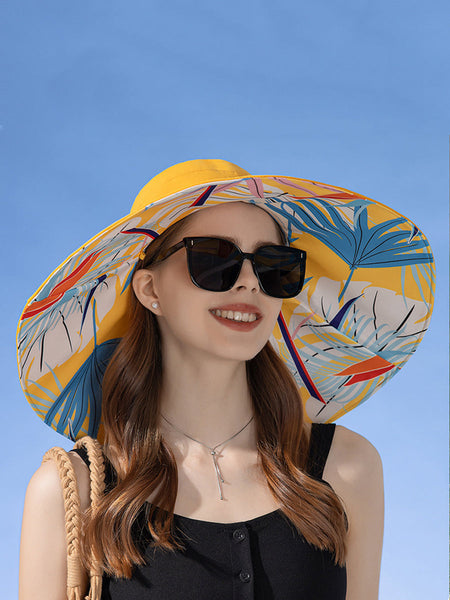 女性の夏の旅行両面植物大きなつばの帽子