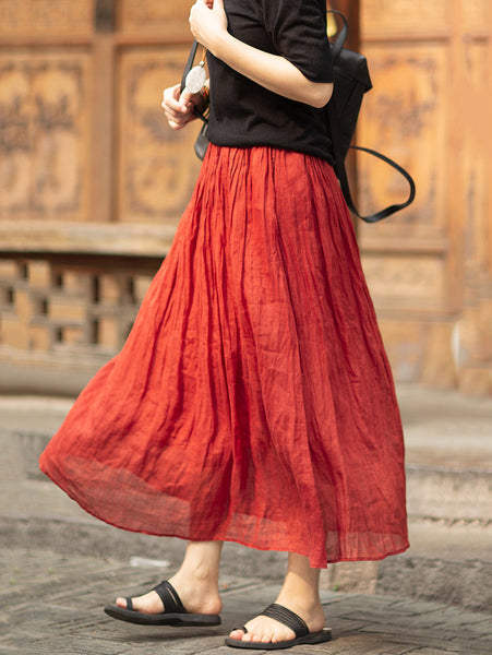 女性夏プリーツ薄い二層レッドラミースカート