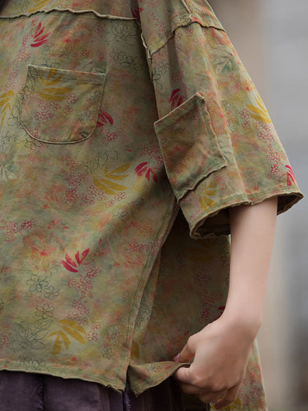 女性夏のレトロ花柄ポケットステッチ裾上げシャツ