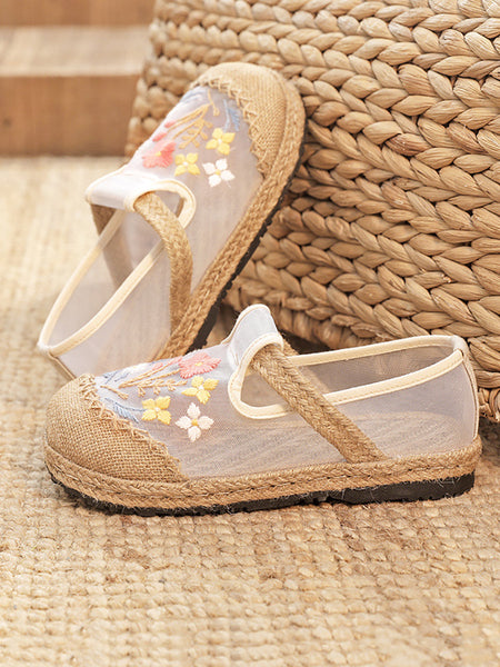 女性エスニック夏わら花刺繍靴