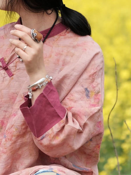 女性春ヴィンテージフラワーカエルスプライシングルーズリネンドレス