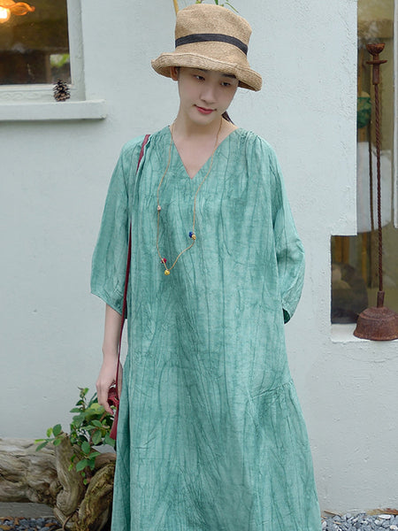 女性の芸術的な春ステッチルーズソリッドドレス