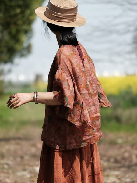 女性の芸術的なフラワーフリルスリーブルーズリネンシャツ