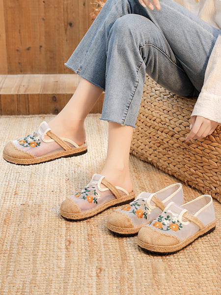 女性の夏のわら刺繍の花の靴
